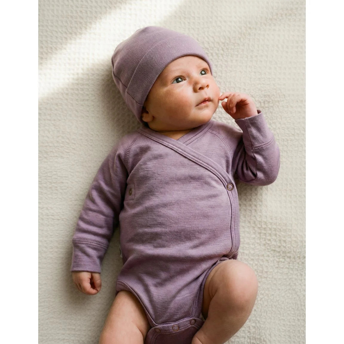 Wollen Overslagromper lange mouw – Merinowol – Lavender Mist
